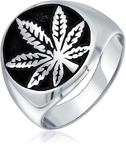 Personalized Unisex Cannabis Weed Jewelry Marijuana Leaf Medallion Flat Round Signet Marijuana Leaf Ring Western Jewelry For Men Oxidized .925 Sterling Silver Handmade In Turkey Customizable in Saudi Arabia