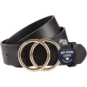 Fashion Leather Belt For Women - Design in Italy Double Buckle Belt Leather(M), Black in Saudi Arabia