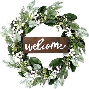 24" Wreaths for Front Door - Winter Front Door Wreath, Outdoor Green Wreath for Windows, Artificial Spring Summer Wreaths with Big Berries for Indoor Outdoor Farmhouse Holiday Decorating in Saudi Arabia
