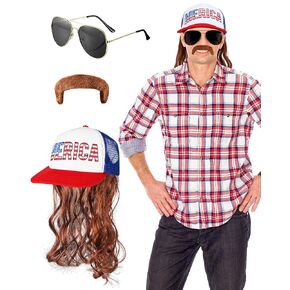 MEPase 7 PCS TOALER TRAILER PARK PARTITH FOR MEN USA MEULLET HAT مع البني البني البني أنابيب عتيقة النظارات الشمسية الشارب للهالوين ميريكا in Saudi Arabia
