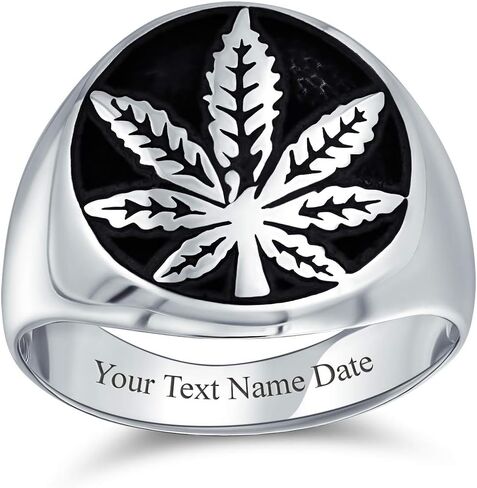 Personalized Unisex Cannabis Weed Jewelry Marijuana Leaf Medallion Flat Round Signet Marijuana Leaf Ring Western Jewelry For Men Oxidized .925 Sterling Silver Handmade In Turkey Customizable in Saudi Arabia