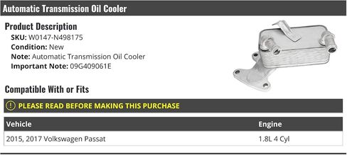 Automatic Transmission Oil Cooler - Compatible with 2015, 2017 Volkswagen Passat 1.8L 4-Cylinder in Saudi Arabia