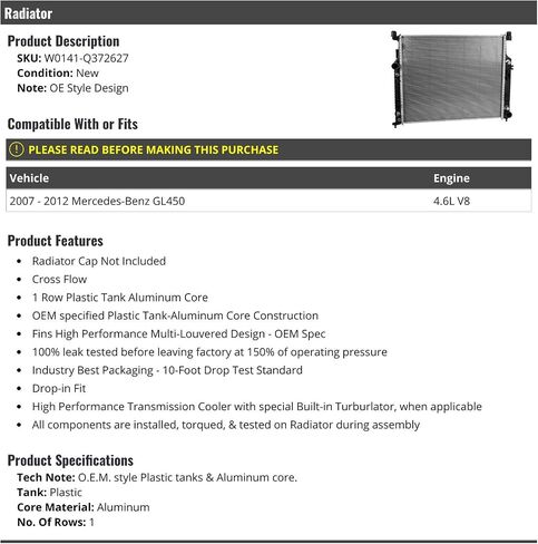 Radiator - Compatible with 2007-2012 Mercedes-Benz GL450 in Saudi Arabia