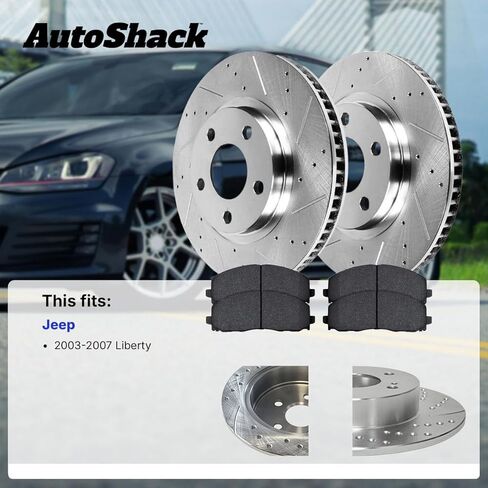 Autoshack Brake Kit استبدال 2003-2007 Jeep Liberty 2.4L 2.8L 3.7L V6 4WD RWD الخلفية الأمامية الخلفية والزنك المغلفة بالزنك المغلفة دوارات الفرامل السيراميك BRKPKG039623 in Kuwait