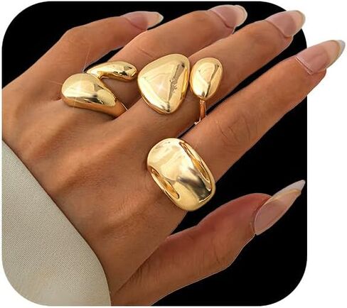 Chunky Gold Big Rings Set Vintage Silver Thick Stainless Steel Statement Large Finger Ring Stack Fashion Trendy Cool Jewelry Pack for Women Non Tarnish in Saudi Arabia