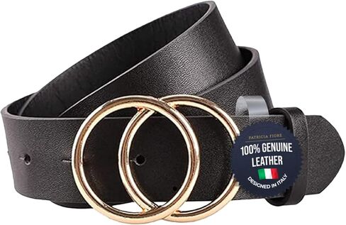 Fashion Leather Belt For Women - Design in Italy Double Buckle Belt Leather(M), Black in Saudi Arabia