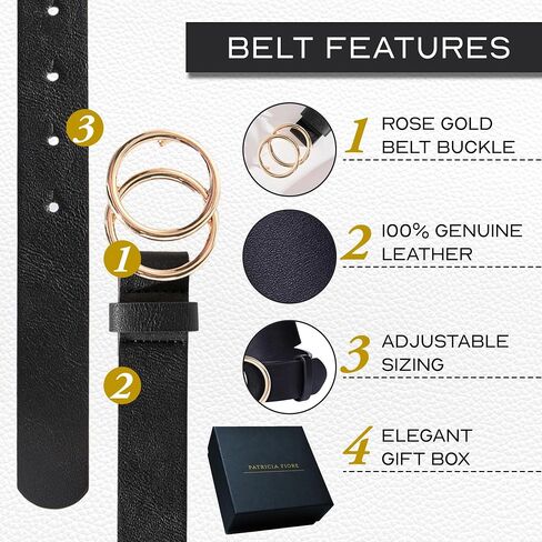 Fashion Leather Belt For Women - Design in Italy Double Buckle Belt Leather(M), Black in Saudi Arabia