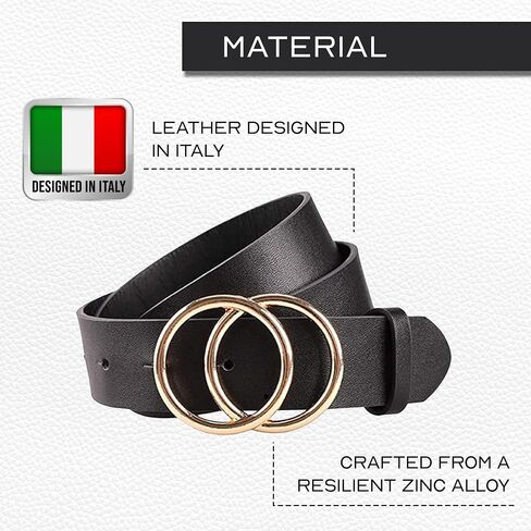 Fashion Leather Belt For Women - Design in Italy Double Buckle Belt Leather(M), Black in Saudi Arabia
