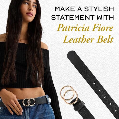 Fashion Leather Belt For Women - Design in Italy Double Buckle Belt Leather(M), Black in Saudi Arabia