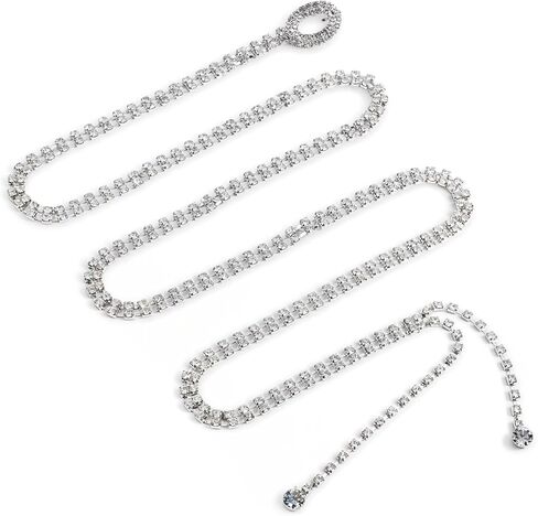 أحزمة حجر الراين للنساء باركلي راينستون حزام بلوري سلسلة أزياء سلاسل الخصر الكريستال الفضية حزام سلسلة بريق الفضة لارتداء الأحزمة رقيقة للفساتين (43.31 بوصة) in Kuwait