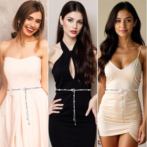 أحزمة حجر الراين للنساء باركلي راينستون حزام بلوري سلسلة أزياء سلاسل الخصر الكريستال الفضية حزام سلسلة بريق الفضة لارتداء الأحزمة رقيقة للفساتين (43.31 بوصة) in Kuwait