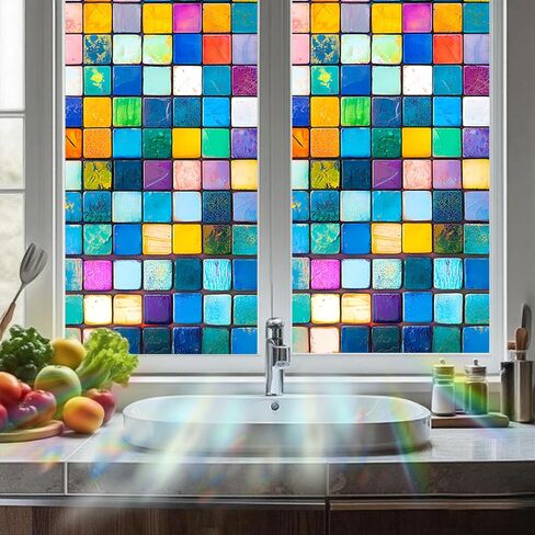 Nuxovilar Colorful Mosaic Tile Window Film, 17.7×39.4inch, Square Pattern Static Cling for Privacy & Decor (White Frosted) in Saudi Arabia