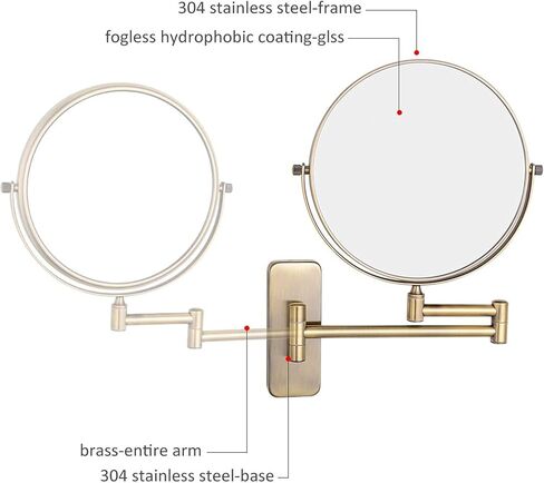 Wall Mounted Makeup Mirror, Antique Brass Double Sided Magnifying Mirror, Swivel Folding Extendable Bathroom Vanity Mirrors,8 inch,5X in Saudi Arabia