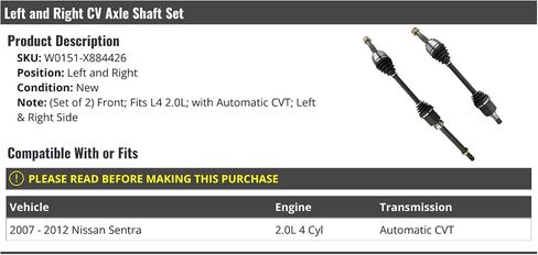 Front CV Axle Shaft - Set of 2 - Compatible with 2007-2012 Nissan Sentra 2.0L 4-Cylinder with Automatic CVT Transmission in Saudi Arabia