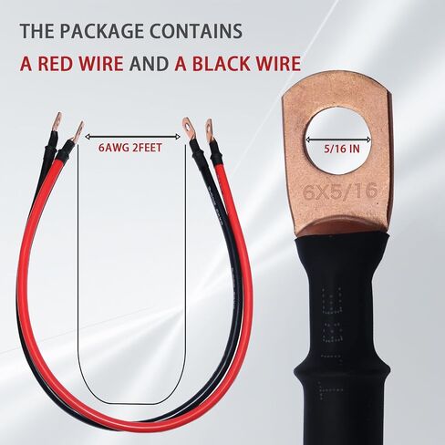 6 كابلات بطارية AWG 2 Gauge Pure Copper Battery Clables 2ft مع 6 * 5/16 Lugs Terminals Marine Grade Red and Black 2-Pack for Solar Solar ، Car ، RV ، Boats ، Truck (2 Feat-6 AWG) in Kuwait