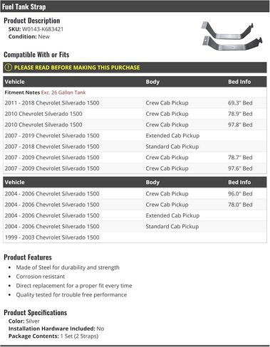 مجموعة حزام خزان الوقود من 2 - متوافق مع 1999-2019 Chevy Silverado 1500 in Saudi Arabia