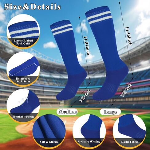 3 Pair Athletic Socks Youth Adult Non-Slip Classic Stripes Long Baseball Socks Men Football Sports in Kuwait