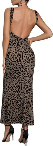 Floerns Women's Leopard Sleeveless Tank Dress Boat Neck Backless Club Bodycon Long Dress in Kuwait