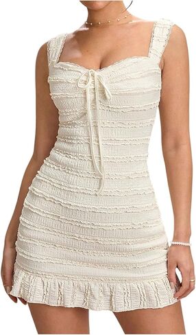 Floerns Women's Contrast Lace Ruffle Tank Dress Knot Front Bodycon Mini Dresses in Kuwait