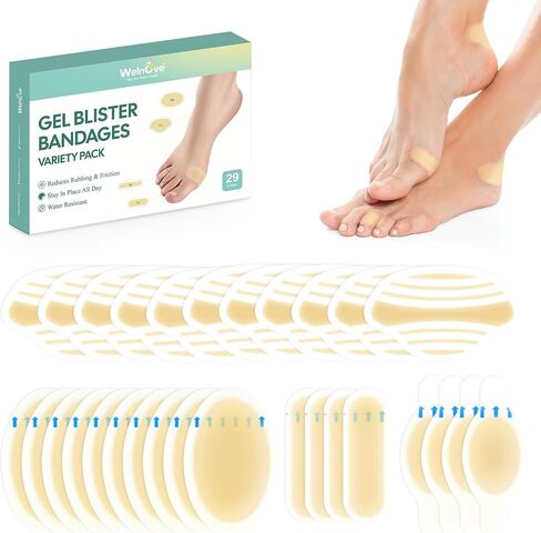 Welnove Hydrocolloid Blister Bandages Insoles - 29ct - Water Resistant Blisters Bandages - Adhesive Blister Pads for Heel, Feet, Toe - Gel Blister Chshions for Prevention & Recovery (Variety Pack) in Saudi Arabia