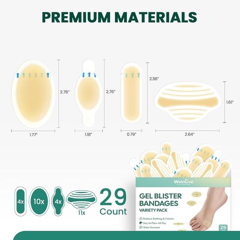 Welnove Hydrocolloid Blister Bandages Insoles - 29ct - Water Resistant Blisters Bandages - Adhesive Blister Pads for Heel, Feet, Toe - Gel Blister Chshions for Prevention & Recovery (Variety Pack) in Saudi Arabia