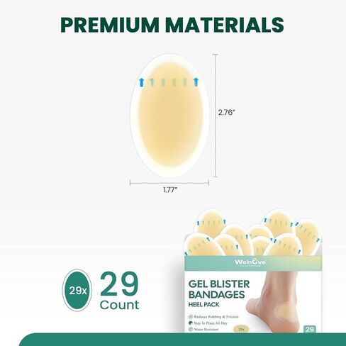 Welnove Hydrocolloid Blister Bandages Insoles - 29ct - Water Resistant Blisters Bandages - Adhesive Blister Pads for Heel, Feet, Toe - Gel Blister Chshions for Prevention & Recovery (Variety Pack) in Saudi Arabia