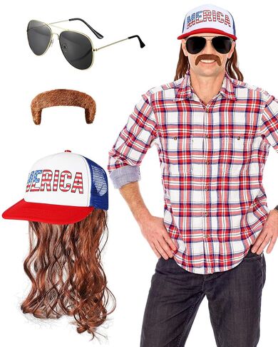 MEPase 7 PCS TOALER TRAILER PARK PARTITH FOR MEN USA MEULLET HAT مع البني البني البني أنابيب عتيقة النظارات الشمسية الشارب للهالوين ميريكا in Saudi Arabia