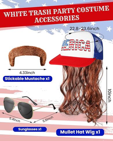 MEPase 7 PCS TOALER TRAILER PARK PARTITH FOR MEN USA MEULLET HAT مع البني البني البني أنابيب عتيقة النظارات الشمسية الشارب للهالوين ميريكا in Saudi Arabia