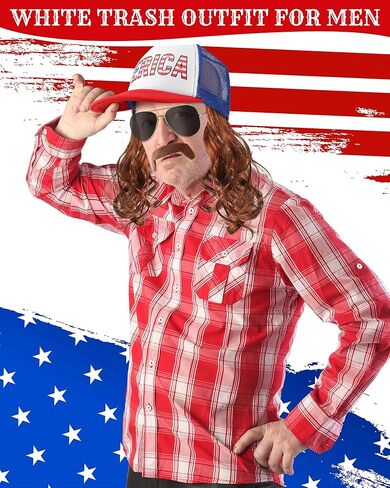MEPase 7 PCS TOALER TRAILER PARK PARTITH FOR MEN USA MEULLET HAT مع البني البني البني أنابيب عتيقة النظارات الشمسية الشارب للهالوين ميريكا in Saudi Arabia