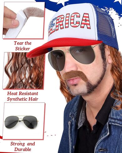 MEPase 7 PCS TOALER TRAILER PARK PARTITH FOR MEN USA MEULLET HAT مع البني البني البني أنابيب عتيقة النظارات الشمسية الشارب للهالوين ميريكا in Saudi Arabia