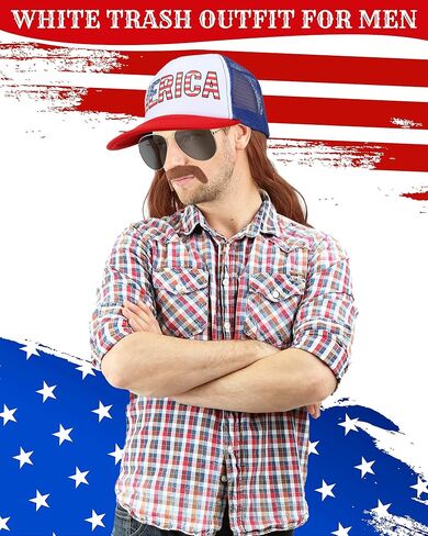 MEPase 7 PCS TOALER TRAILER PARK PARTITH FOR MEN USA MEULLET HAT مع البني البني البني أنابيب عتيقة النظارات الشمسية الشارب للهالوين ميريكا in Saudi Arabia