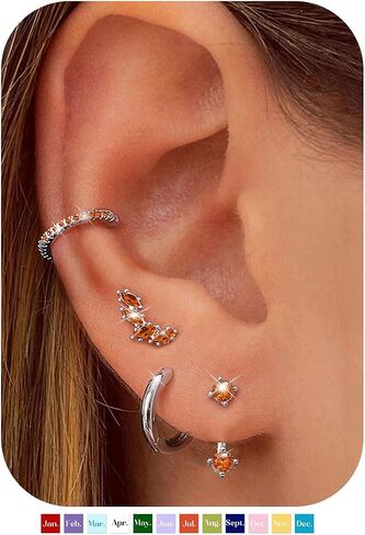 Besteel 925 Sterling Silver Birthstone Arrings مجموعة للنساء مجموعات قرط الطوق الصغير لمجموعات متعددة من الأركان Hypoallergenic Huggie Huggie Arrings Stud Mondring لمجوهرات عيد الميلاد in Saudi Arabia