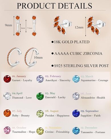 Besteel 925 Sterling Silver Birthstone Arrings مجموعة للنساء مجموعات قرط الطوق الصغير لمجموعات متعددة من الأركان Hypoallergenic Huggie Huggie Arrings Stud Mondring لمجوهرات عيد الميلاد in Saudi Arabia