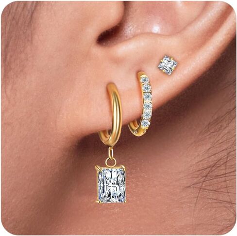 انخفاض الفولاذ الجراحي تتدلى أقراط صغيرة من Huggie Hoop وضعت 14K الذهب مطلي بالقلق من CZ أقراط للنساء المقاومة للماء وغير المشوهة المستطيل in Kuwait