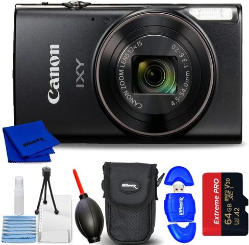 كاميرا Canon الرقمية المدمجة IXY650 (ELPH 360) (أسود) تتضمن الحزمة: 64 جيجابايت Micro Extreme PRO، مجموعة أدوات التنظيف، بطاقة Micro SD عالية السرعة والمزيد (حزمة ملحقات 7 قطع) (متجددة) in Saudi Arabia