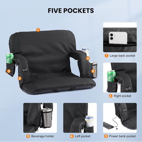 21'' Heated Stadium Seats for Bleachers with Back Support, Folding Stadium Seat Bleacher Chair with 3 Level Heating, 6 Reclining Positions, 5 Pockets, for Outdoor Sports Events, 1PC in Saudi Arabia