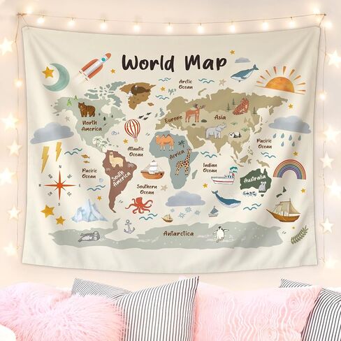 Lacama World Map Classroom Tapestry Wall معلق للأطفال ، خرائط العالم للجدار ， قارات الحيوانات الجغرافيا التعليمية الجغرافية التعليمية جدار ديكور للطفل الحضانة ، 50x60inch in Saudi Arabia