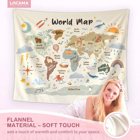 Lacama World Map Classroom Tapestry Wall معلق للأطفال ، خرائط العالم للجدار ， قارات الحيوانات الجغرافيا التعليمية الجغرافية التعليمية جدار ديكور للطفل الحضانة ، 50x60inch in Saudi Arabia