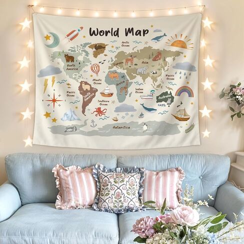 Lacama World Map Classroom Tapestry Wall معلق للأطفال ، خرائط العالم للجدار ， قارات الحيوانات الجغرافيا التعليمية الجغرافية التعليمية جدار ديكور للطفل الحضانة ، 50x60inch in Saudi Arabia