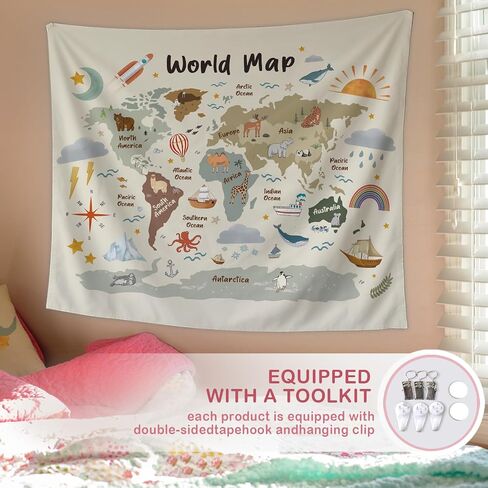 Lacama World Map Classroom Tapestry Wall معلق للأطفال ، خرائط العالم للجدار ， قارات الحيوانات الجغرافيا التعليمية الجغرافية التعليمية جدار ديكور للطفل الحضانة ، 50x60inch in Saudi Arabia