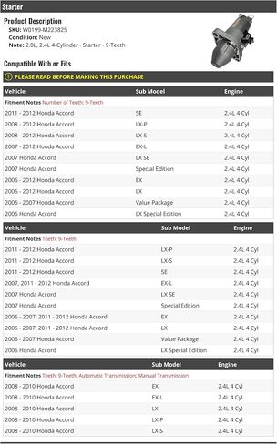 بداية-مع 9-Teeth-متوافقة مع 2006-2012 هوندا أكورد 2.4L 4 أسطوانات in Saudi Arabia