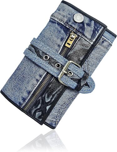 upcyccling bifold denim محفظة مزخرفة جلد الأفعى السحاب من جلود جلدية ولكنات مشبك محفظة طويلة محفظة للمحفظة للنساء (أحمر) in Kuwait