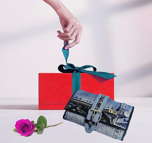 upcyccling bifold denim محفظة مزخرفة جلد الأفعى السحاب من جلود جلدية ولكنات مشبك محفظة طويلة محفظة للمحفظة للنساء (أحمر) in Kuwait