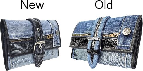 upcyccling bifold denim محفظة مزخرفة جلد الأفعى السحاب من جلود جلدية ولكنات مشبك محفظة طويلة محفظة للمحفظة للنساء (أحمر) in Kuwait