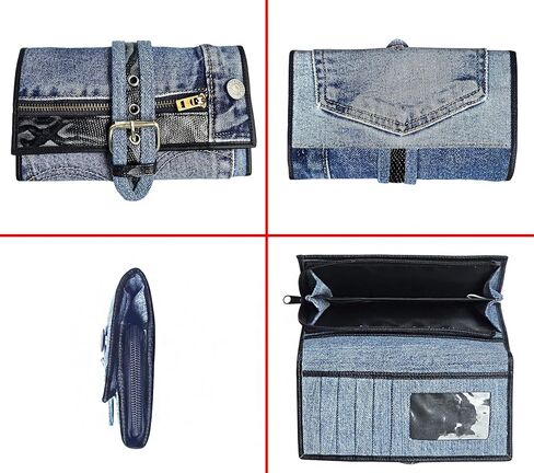 upcyccling bifold denim محفظة مزخرفة جلد الأفعى السحاب من جلود جلدية ولكنات مشبك محفظة طويلة محفظة للمحفظة للنساء (أحمر) in Kuwait