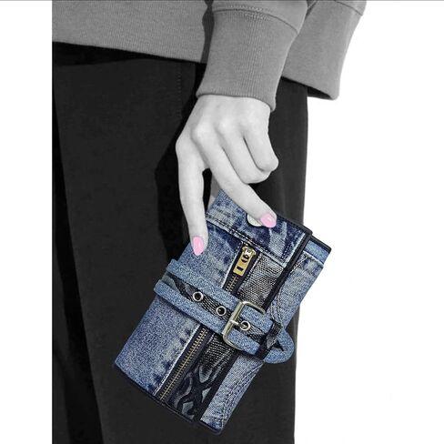 upcyccling bifold denim محفظة مزخرفة جلد الأفعى السحاب من جلود جلدية ولكنات مشبك محفظة طويلة محفظة للمحفظة للنساء (أحمر) in Kuwait