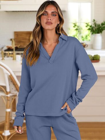ANRABESS Lounge Sets for Women 2 Piece Outfits Sweatsuit Set Fall V Neck Sweatshirts Wide Leg Pants Tracksuits Khaki X-Large in Saudi Arabia