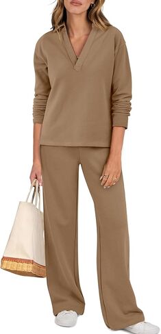 ANRABESS Lounge Sets for Women 2 Piece Outfits Sweatsuit Set Fall V Neck Sweatshirts Wide Leg Pants Tracksuits Khaki X-Large in Saudi Arabia