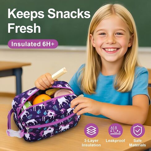 Bagseri Kids Snack Bag Girls - Reusable and Insulated Lunch Bag for Girls, Collapsible Small Lunch Box with Buckle Handle for School and Daycare, Glitter Pink Unicorn in Kuwait