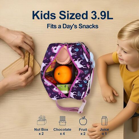 Bagseri Kids Snack Bag Girls - Reusable and Insulated Lunch Bag for Girls, Collapsible Small Lunch Box with Buckle Handle for School and Daycare, Glitter Pink Unicorn in Kuwait